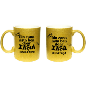 Set 2 căni aurii pentru Nași „Bogătașul & Bogătașa”