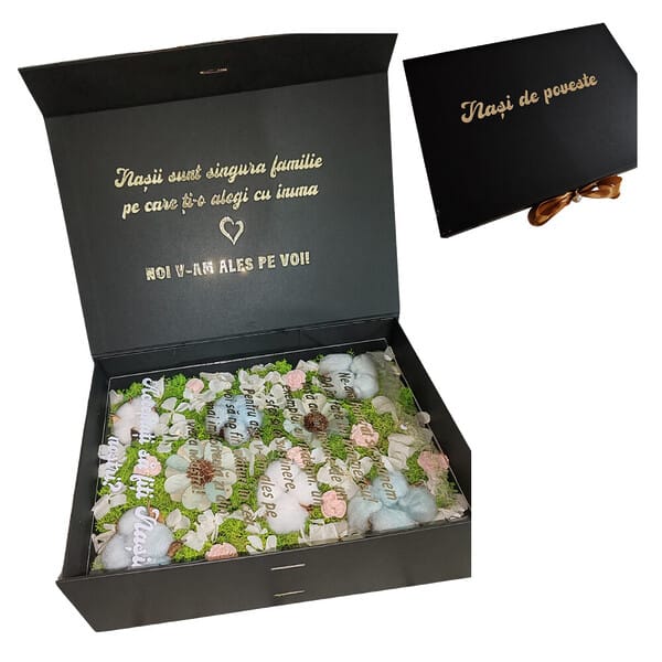 Cutie premium cerere nași, placă acrilică personalizată, decorată cu licheni, flori uscate și criogenate