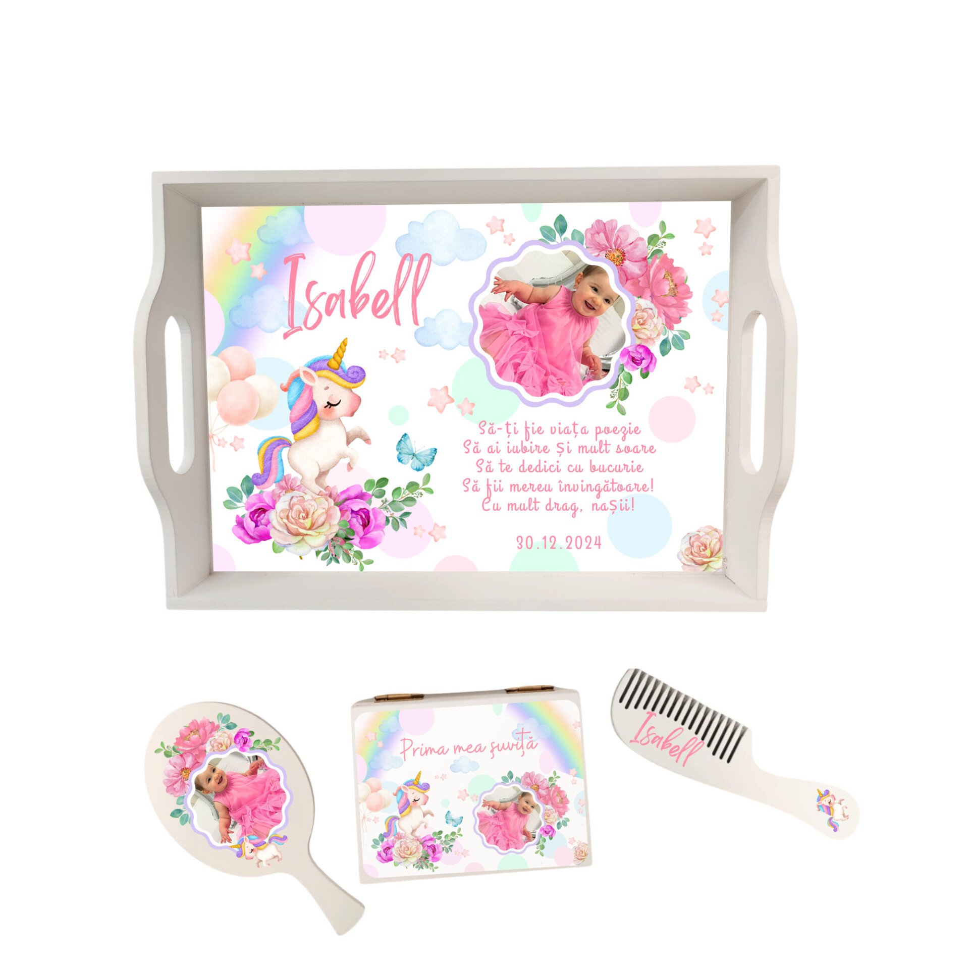 Set personalizat Tăviță Moț Unicorn cu fotografie – Oglindă, perie și cutiuță amintiri pentru fetiță