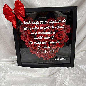 Tablou MAMA-Inimă din trandafiri roșii, Mesaj emoționant „La mulți ani, mămico”