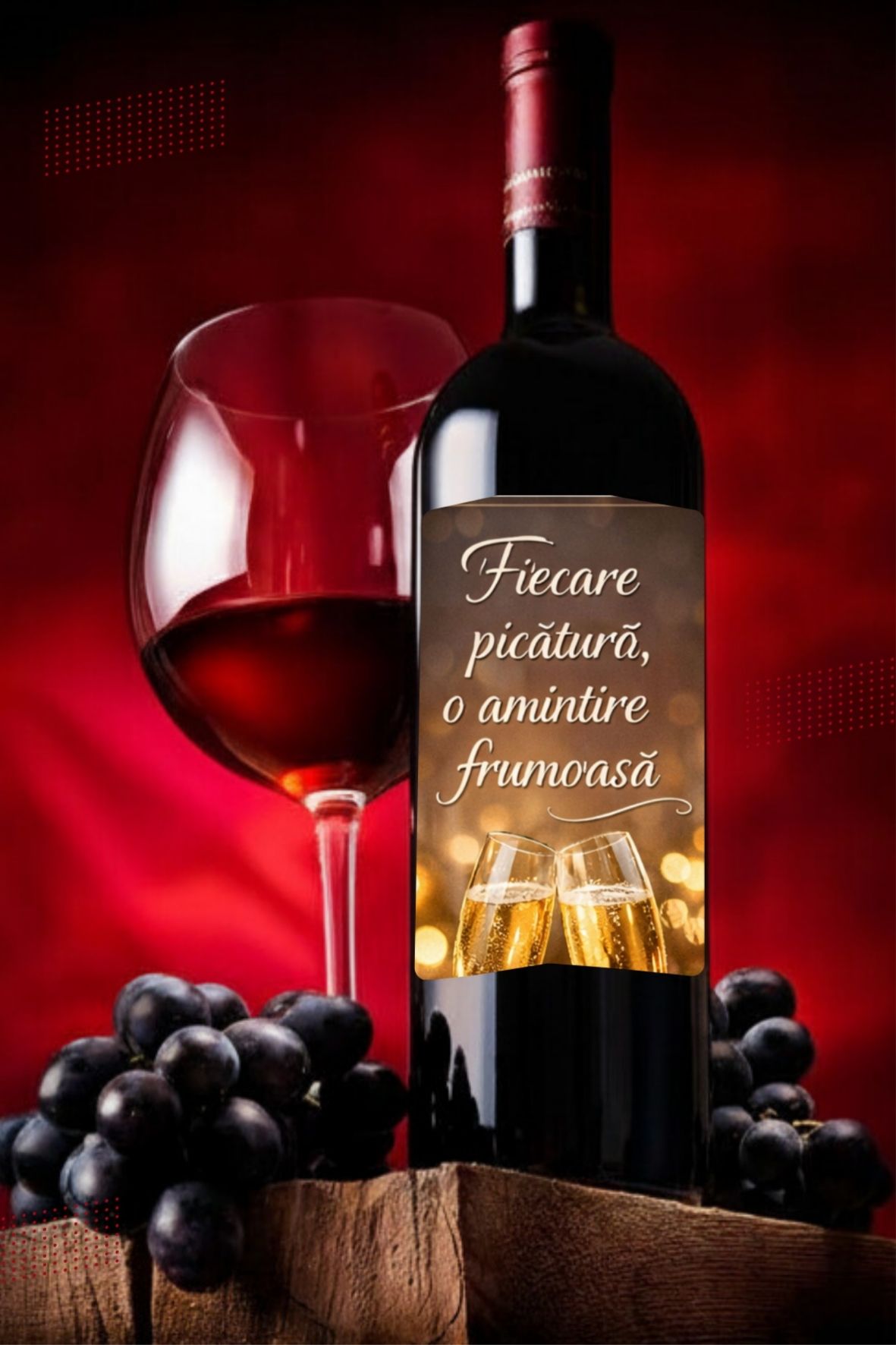 Sticlă vin cu etichetă „Fiecare picătură, o amintire frumoasă” – cadou elegant pentru ocazii speciale