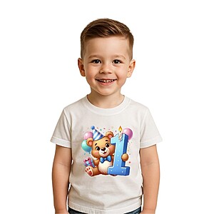 Tricou aniversar personalizat pentru copii, alb, bumbac 100%, ursuleț și cifră aniversară