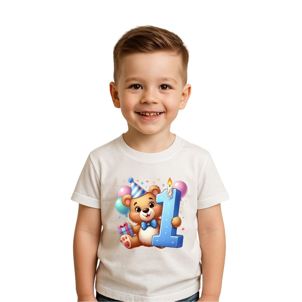 Tricou aniversar personalizat pentru copii, alb, bumbac 100%, ursuleț și cifră aniversară
