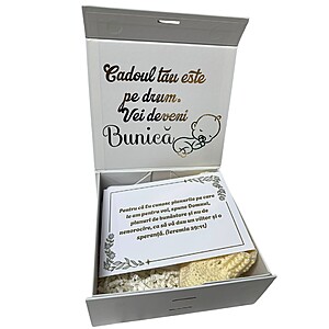 Cutie Cadou Anunț Sarcină pentru Bunică, Vei Deveni Bunică, Body Personalizat și Botoșei Croșetați, Cadou Emoționant pentru Viitoare Bunică