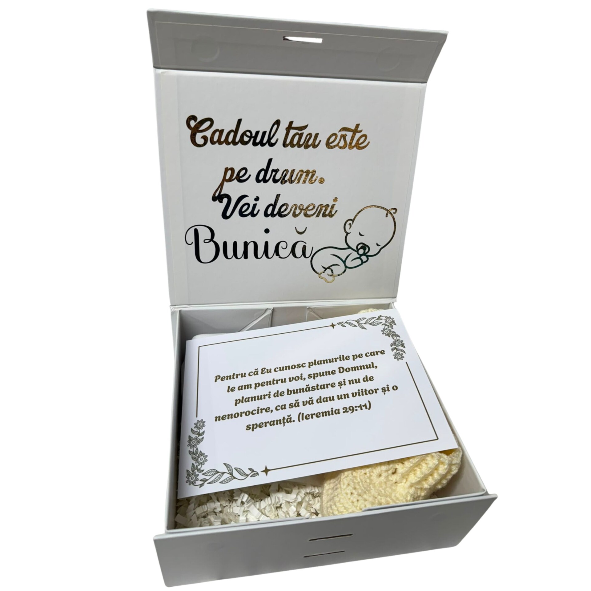 Cutie Cadou Anunț Sarcină pentru Bunică, Vei Deveni Bunică, Body Personalizat și Botoșei Croșetați, Cadou Emoționant pentru Viitoare Bunică