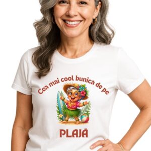 Tricou alb personalizat bumbac 100% – Cea mai cool bunică de pe plajă – fashion & funny