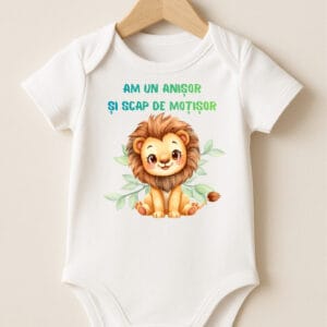 Body alb bebeluș, bumbac 100%, personalizat „Am un anișor și scap de moțișor”, cu leu șimpatic – cadou aniversare 1 an