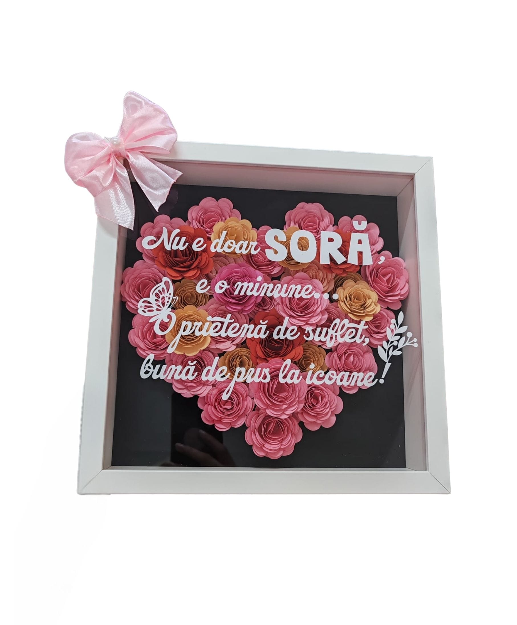Tablou Cadou pentru Soră – Mesaj Emoționant și Decor Floral 3D, cu Ramă Albă și Fundiță Roz