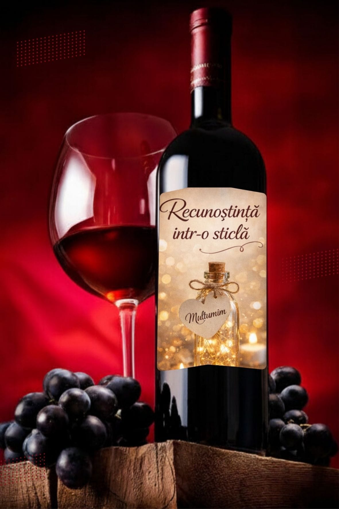 Sticlă vin cu etichetă „Recunoștință într-o sticlă” – cadou elegant de mulțumire pentru persoane dragi