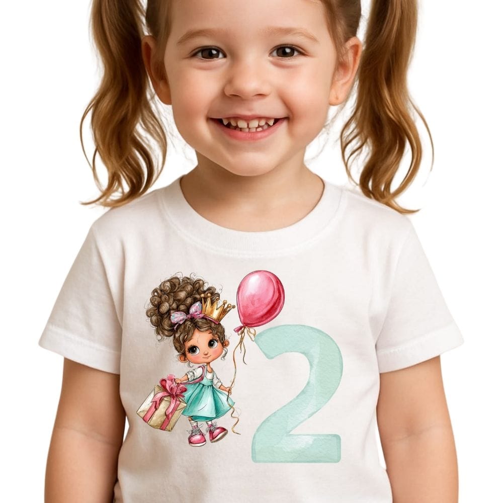 Tricou aniversar copii 2 ani cu prințesă, balon și cadou – Tricou alb pentru fete, imprimeu colorat, aniversare zi de naștere