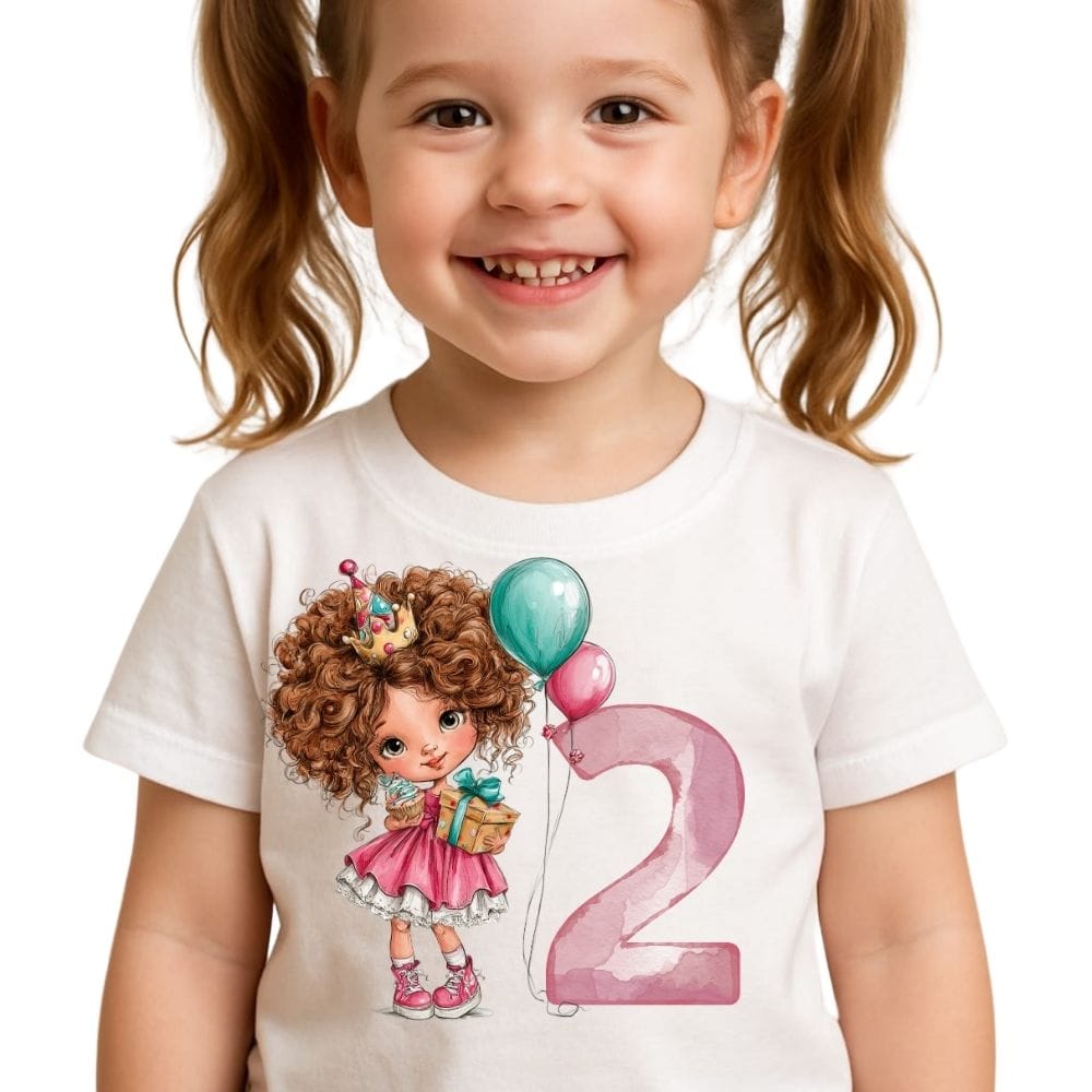 Tricou aniversar copii 2 ani cu fetiță, balon și cadou – Tricou alb pentru fete, imprimeu colorat, aniversare zi de naștere