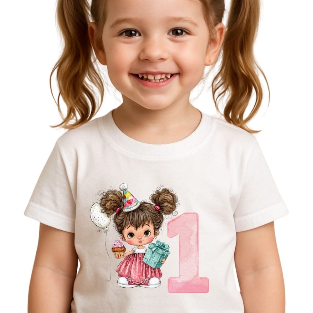 Tricou aniversar copii 1 an cu fetiță, cupcake și cadou – Tricou alb pentru fete, imprimeu colorat, aniversare prima zi de naștere
