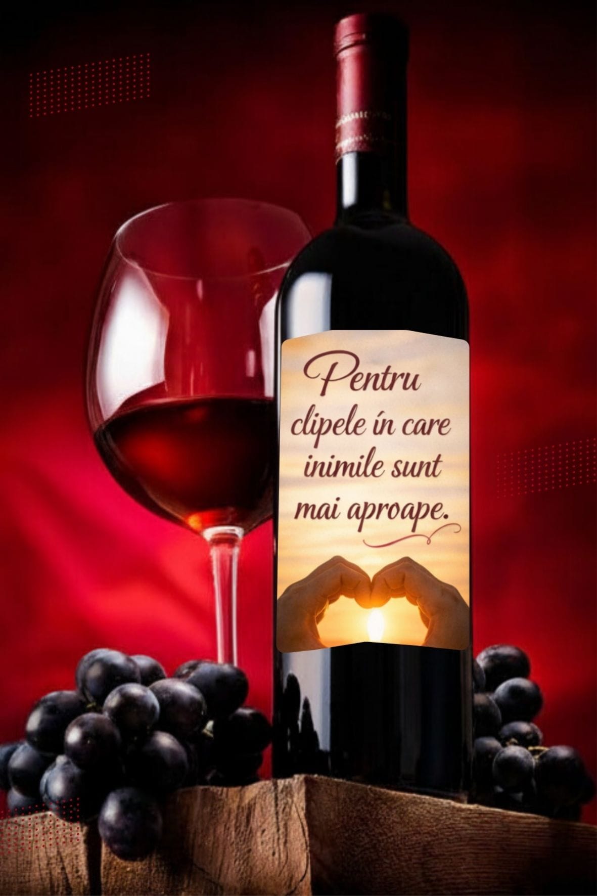 Sticlă vin cu etichetă „Pentru clipele în care inimile sunt mai aproape” – cadou romantic pentru persoane dragi