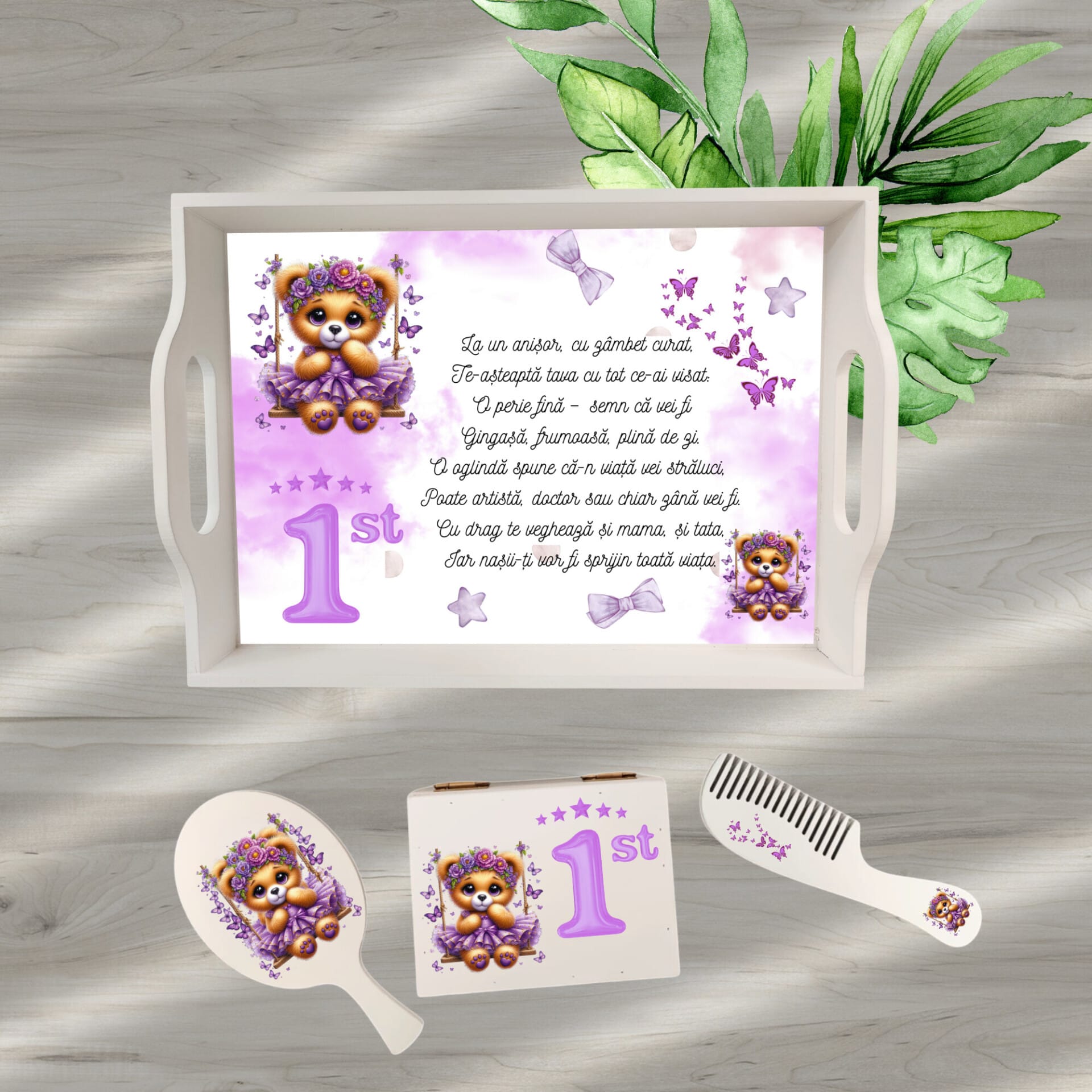Set tăiere moț fetiță roz cu ursuleț – tavă personalizată, perie, pieptăn și cutiuță pentru prima aniversare