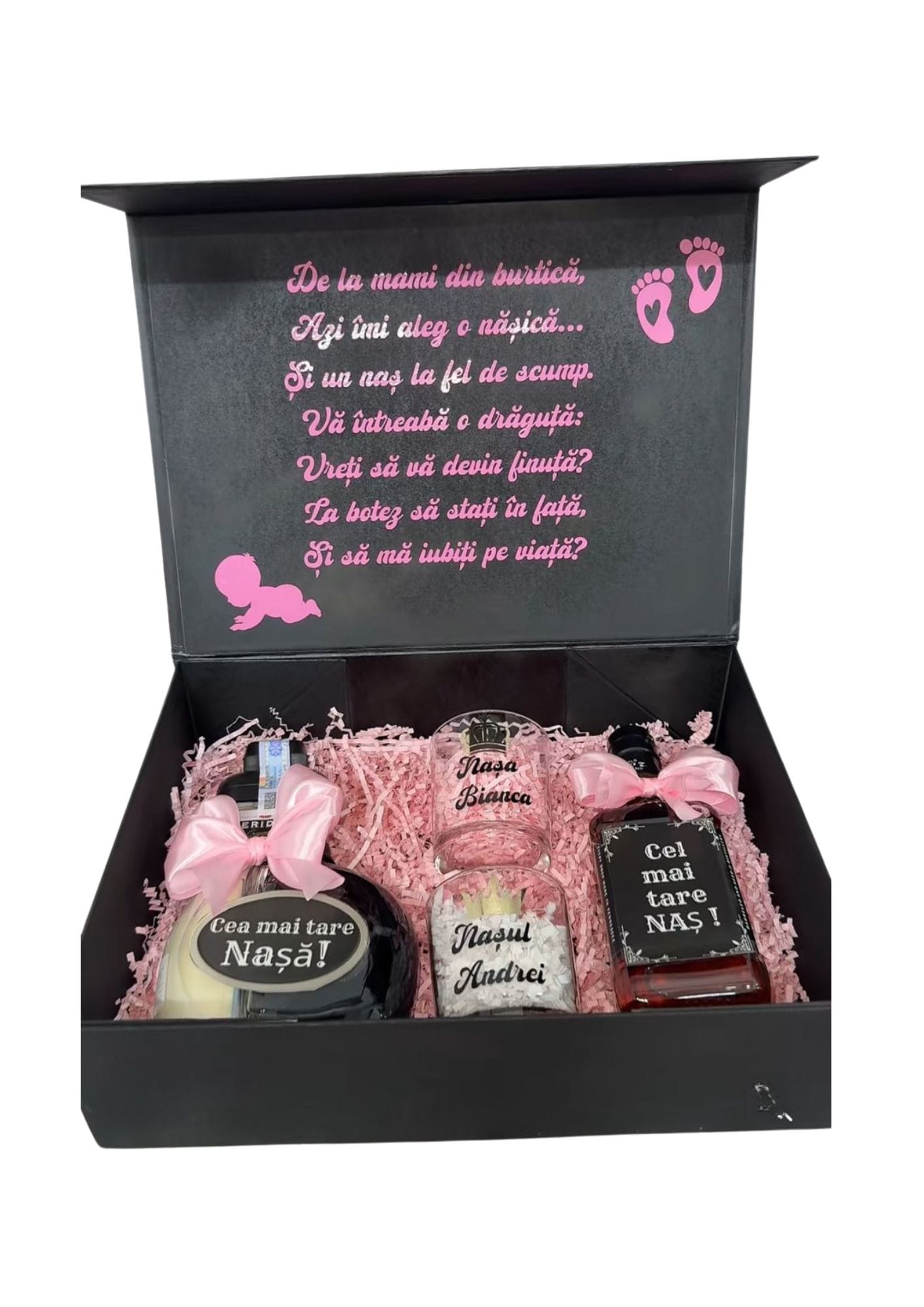 Set cerere nași botez fetiță, cutie personalizată elegantă cu băuturi și pahare, tematică roz