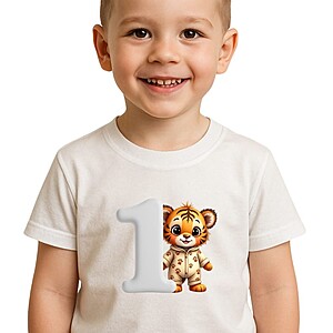 Tricou aniversar copii 1 an cu tigru simpatic – Tricou alb pentru băieți, imprimeu colorat, aniversare prima zi de naștere