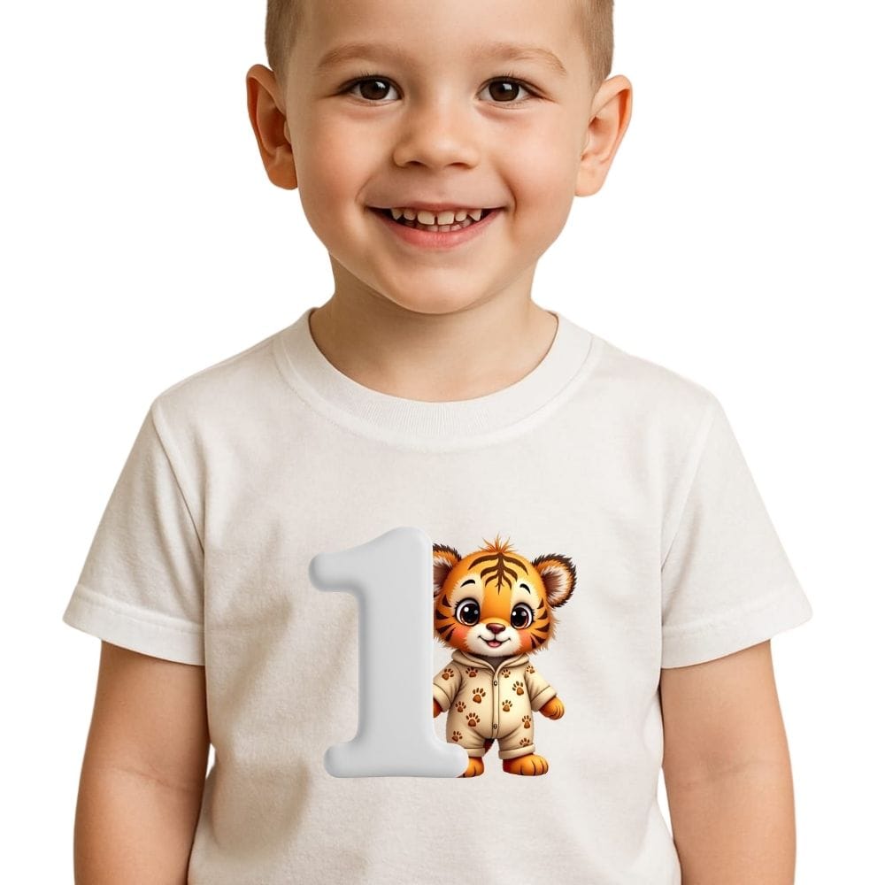 Tricou aniversar copii 1 an cu tigru șimpatic – Tricou alb pentru băieți, imprimeu colorat, aniversare prima zi de naștere