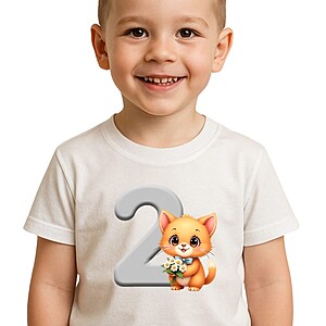 Tricou aniversar copii 2 ani cu pisicuță – Tricou alb personalizat pentru zi de naștere