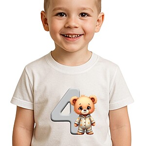 Tricou aniversar copii 4 ani cu ursuleț simpatic – Tricou alb pentru băieți și fete, imprimeu colorat, aniversare zi de naștere