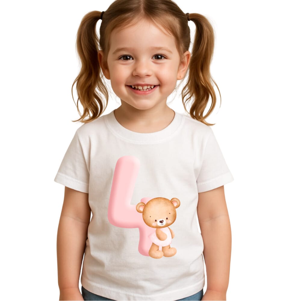 Tricou personalizat aniversar fetita, cifra 4 roz cu urs