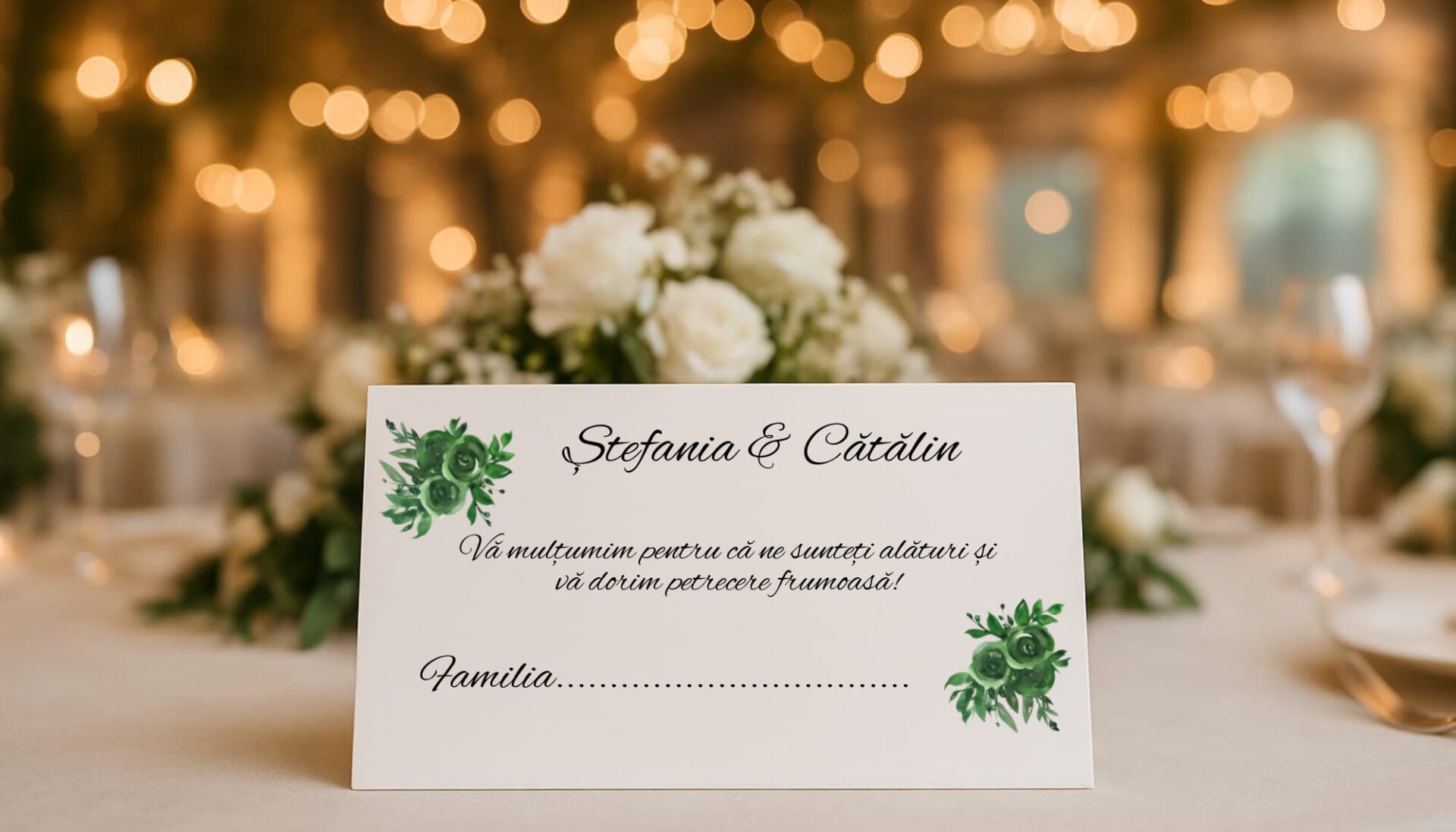 Plic dar nuntă elegant cu flori verzi – personalizat cu numele mirilor