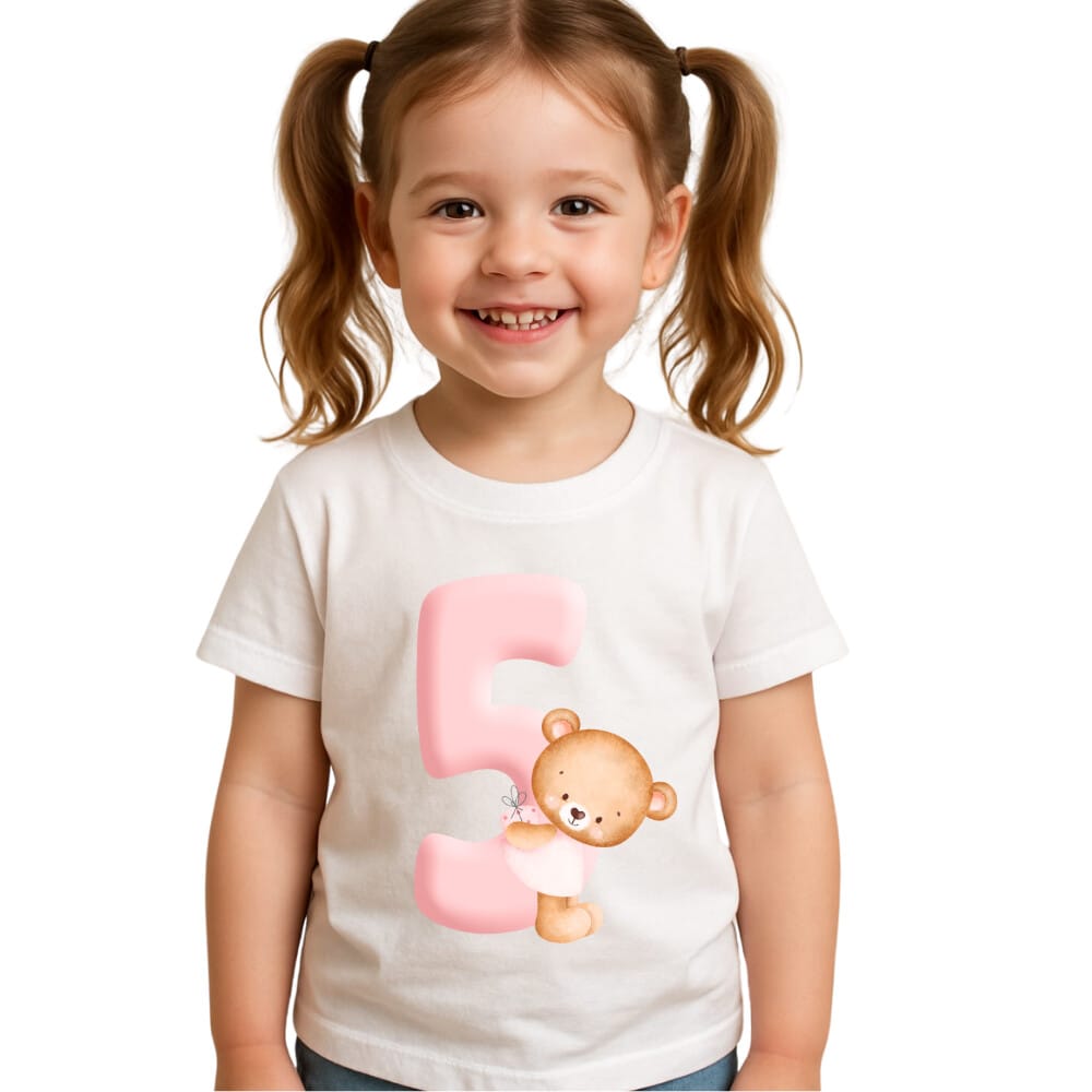 Tricou personalizat aniversar fetita, cifra 5 roz cu urs