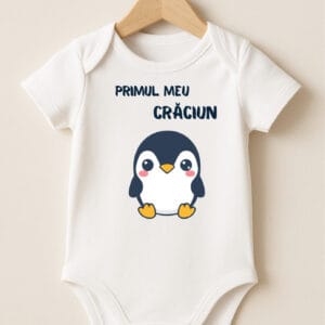 Body alb pentru bebeluși, bumbac 100%, model pinguin – „Primul meu Crăciun”