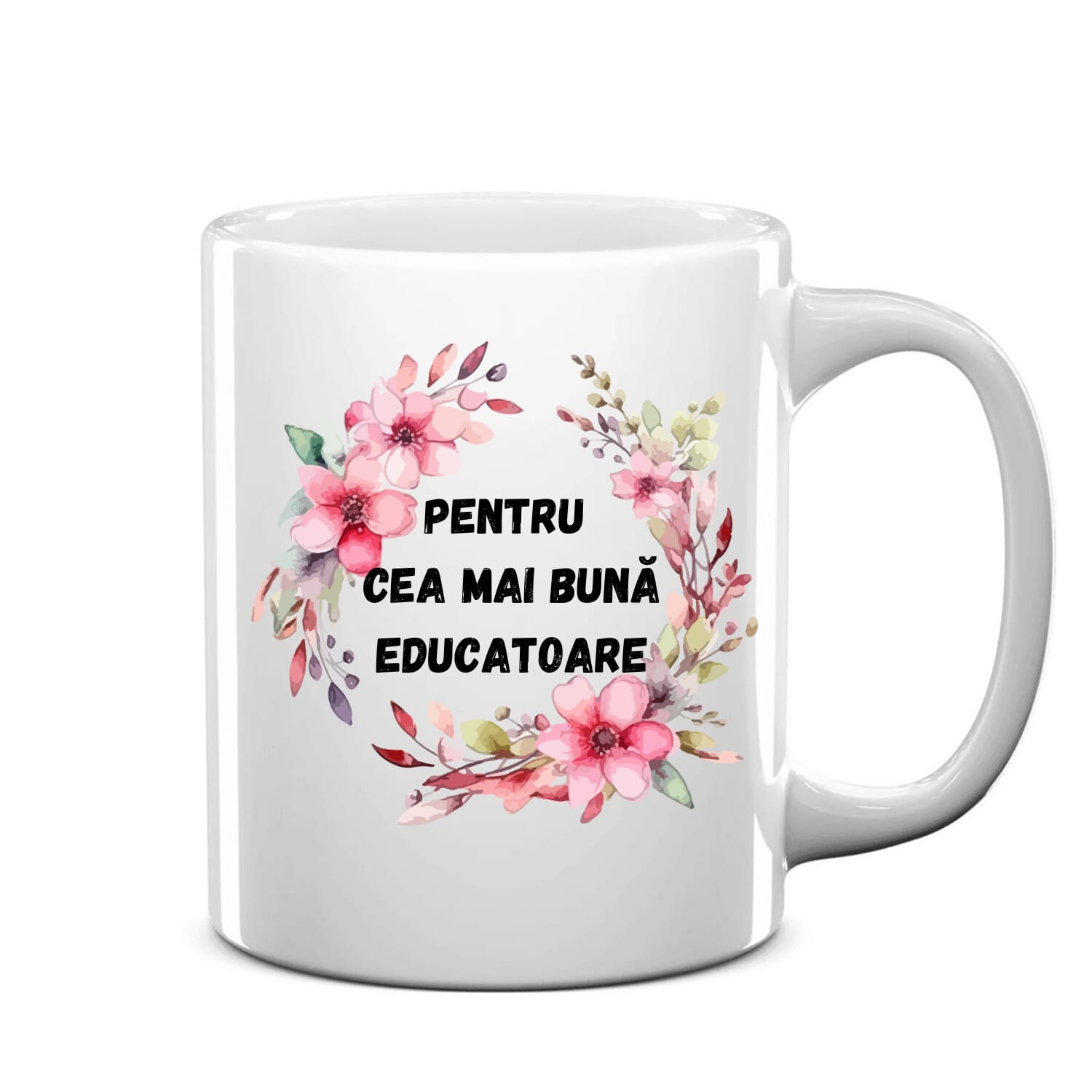 Cană personalizată albă, înaltime 9,9 cm, pentru cea mai bună educatoare