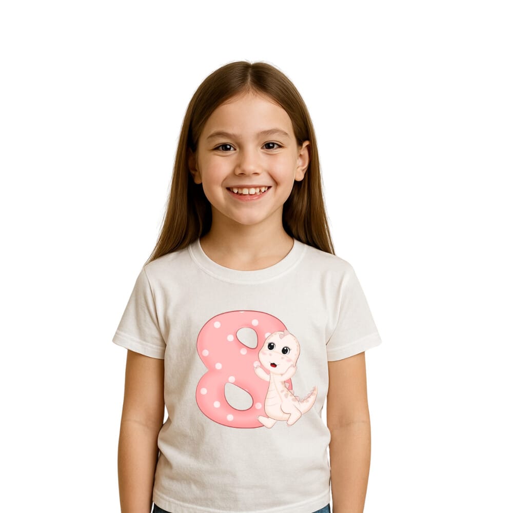 Tricou personalizat aniversar fetita, cifra 8 roz cu buline