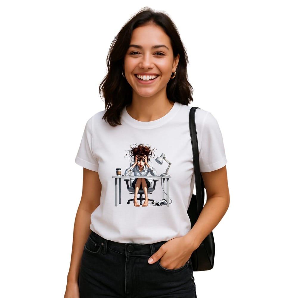 Tricou alb femei, bumbac 100% – „Stres la birou, dar cu stil” | Outfit relaxat pentru birou