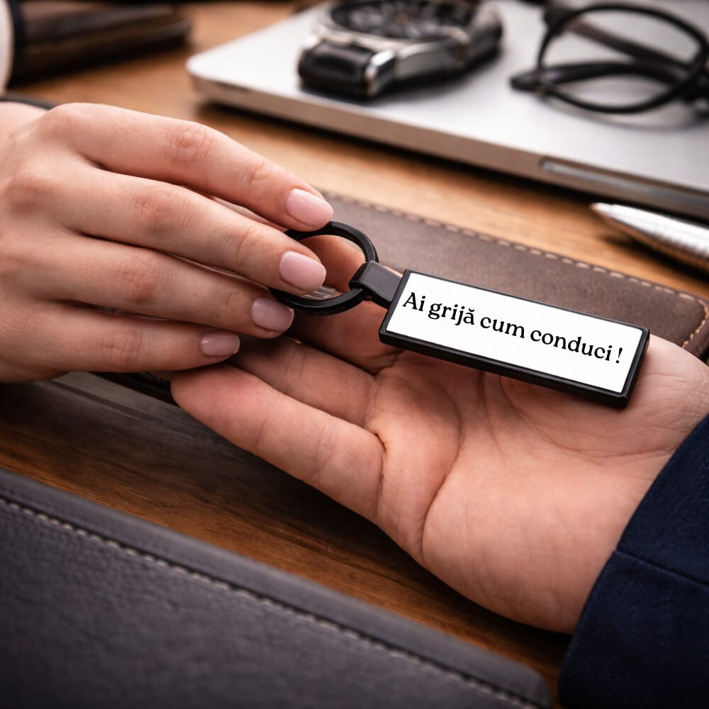 Breloc auto personalizat – „Ai grijă cum conduci!” – cadou emoționant pentru iubit, soț sau șofer