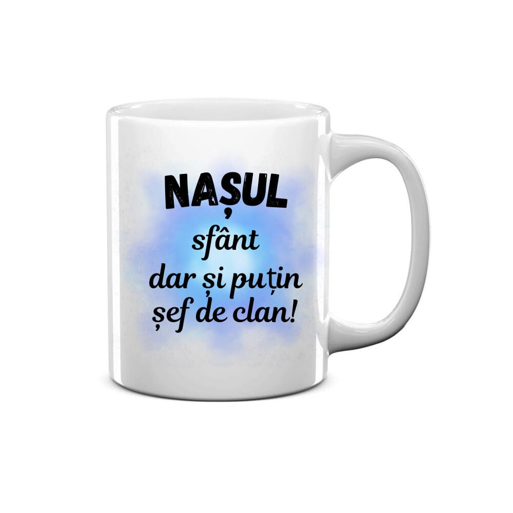 Cana personalizata alba, inaltime 9, 9 cm, nașul sfânt dar și puțin șef de clan