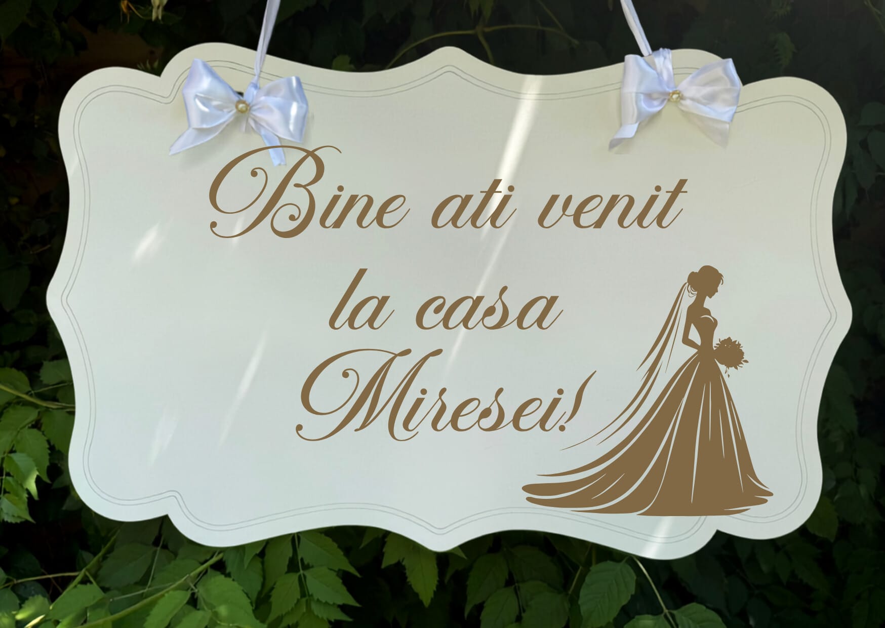 Pancartă Bine ați venit la Casa Miresei BELACOPY, Model Mireasă Elegantă, Gravare Laser, PFL Alb, 60 x 38