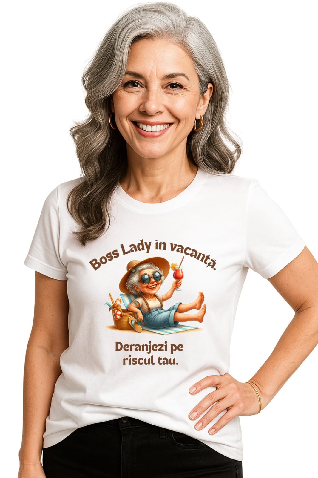 Tricou alb personalizat bumbac 100% Boss Lady în vacanță – cu text amuzant – cadou femei puternice