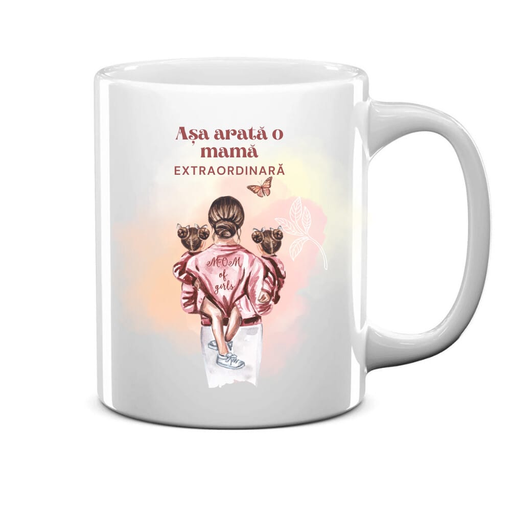 Cana personalizata alba, inaltime 9, 9 cm, așa arată o mamă extraodinară 2 fete