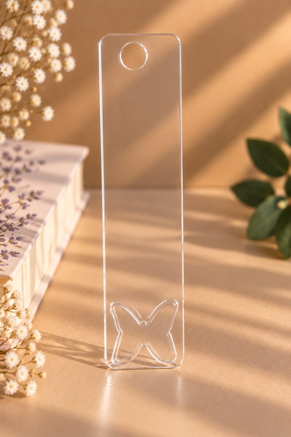Semn de carte blank din plexiglas transparent 2 mm, 5 × 21 cm, cu decupaj fluture și orificiu pentru panglică. Ideal pentru gravare, vinil și proiecte handmade.