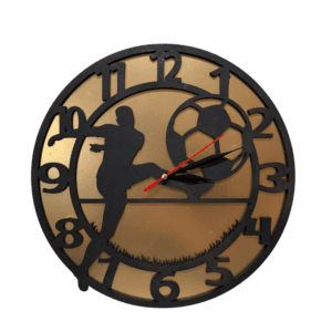 Ceas de perete fotbal – design fotbalist și minge, fundal auriu, diametru 30 cm
