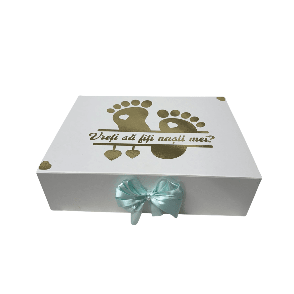 Set Premium Cerere Nași de Botez „Vreți să fiți nașii mei?”, Cutie cu Licheni și Flori, 2 Băuturi și 2 Pahare Model băiat Personalizate - imagine 2