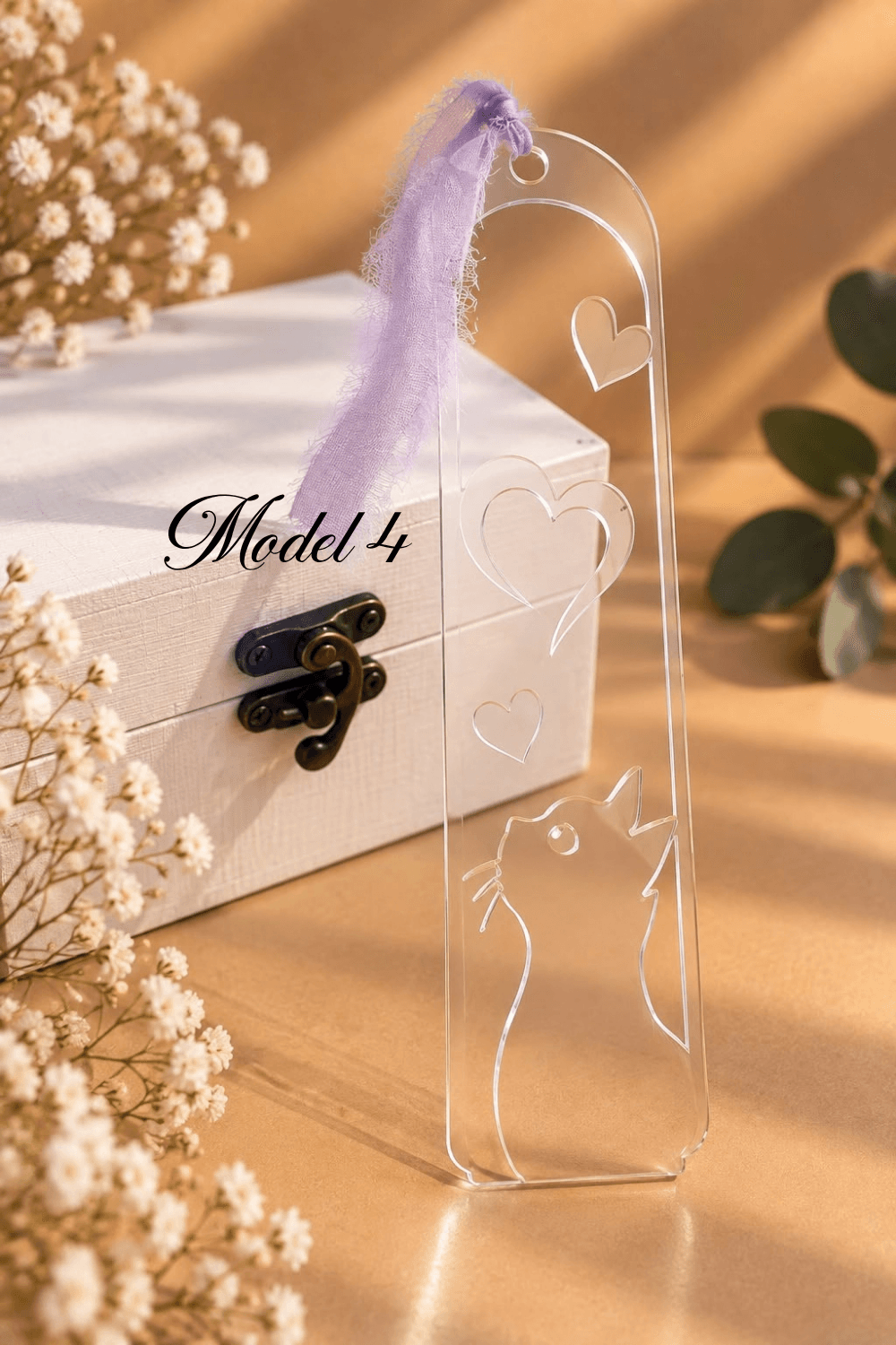 Semn de carte din plexiglas transparent cu pisică și inimioare – Modelele 4, 5 și 6
