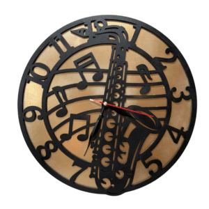 Ceas de perete decorativ cu saxofon și note muzicale, diametru 30 cm, PFL, fundal auriu, grosime totală 6 mm, mecanism inclus