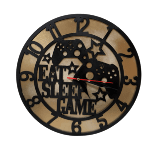 Ceas de perete Gaming pentru gameri, model controller „Eat Sleep Game”, diametru 30 cm, PFL, fundal auriu, grosime 6 mm, mecanism inclus