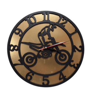 Ceas de perete pentru pasionat de motocross – design motocicletă, fundal auriu, diametru 30 cm