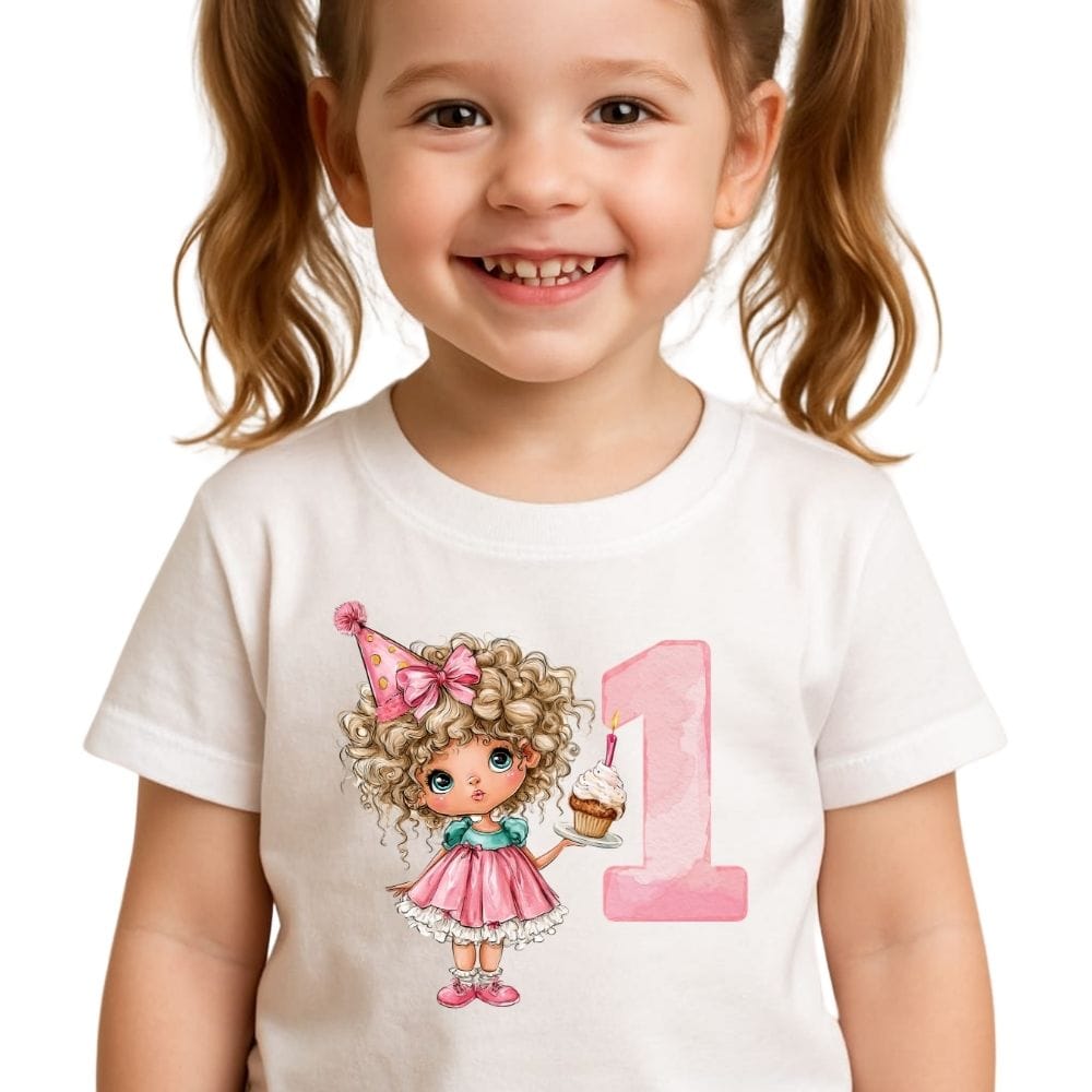 Tricou aniversar fetiță 1 an, model cu prințesă și cifra 1, alb