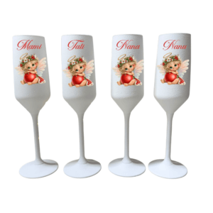Set 4 pahare din sticlă personalizate, 22 cl – Mami, Tati, Nana și Nanu, model îngeraș de Crăciun