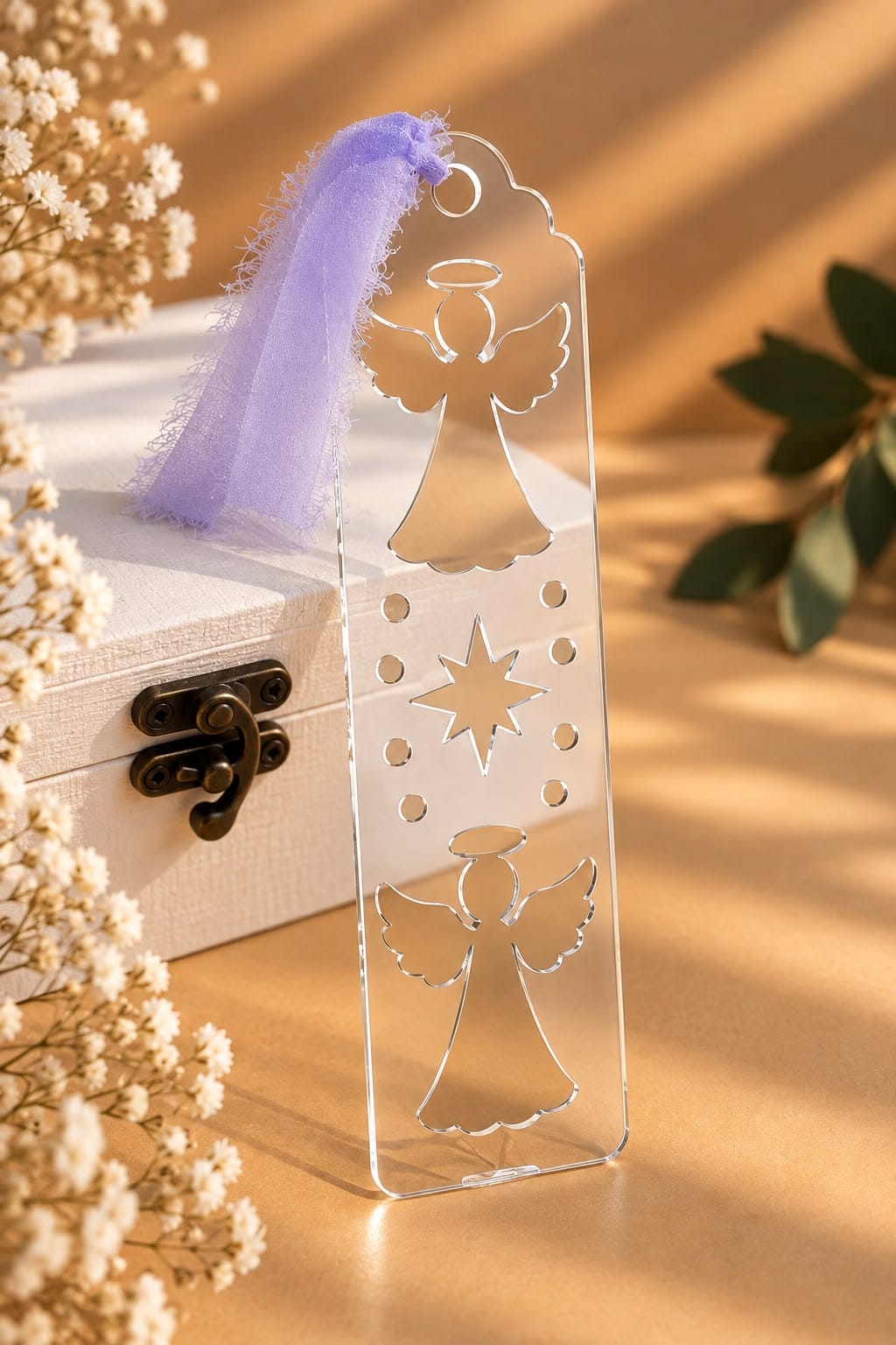 Semn de carte din plexiglas transparent cu îngerași – 5 × 21 cm