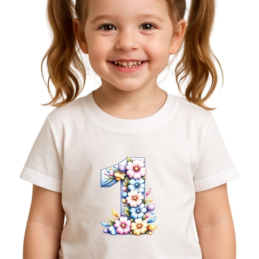 Tricou aniversar „Primul meu an de poveste” – 1 an, cifră florală colorată