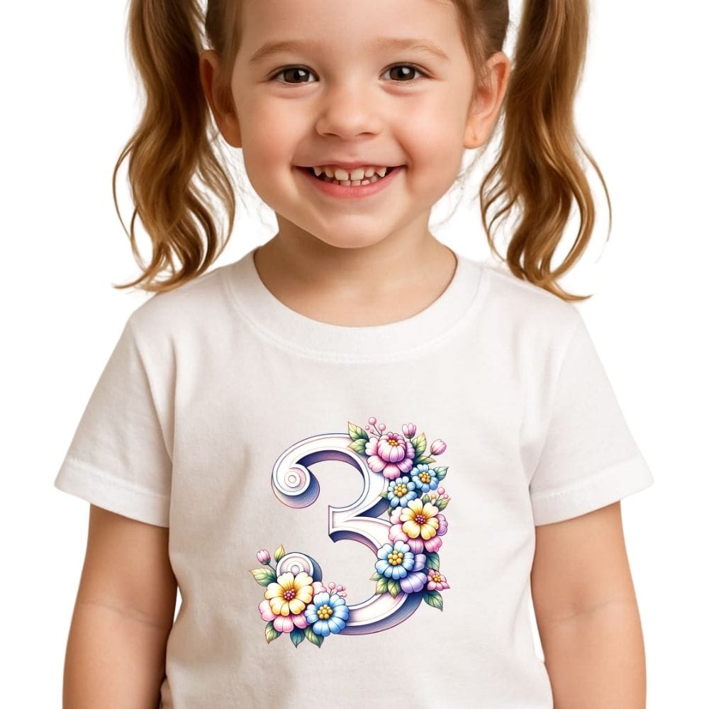 Tricou aniversar fetiță 3 ani – „Grădina Fermecată”, cifră 3 cu flori colorate