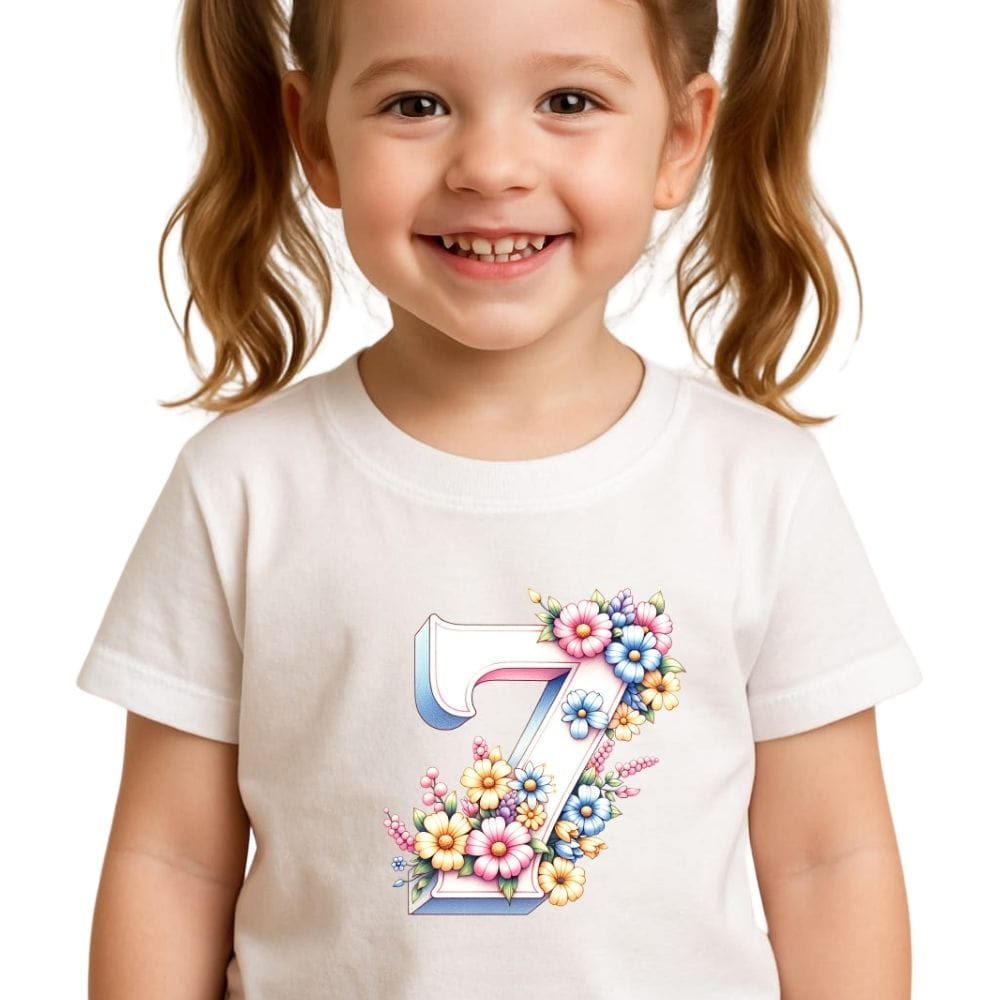 Tricou aniversar fetiță 7 ani – „Flori de Sărbătoare”, cifră 7 florală