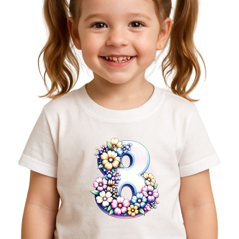 Tricou aniversar fetiță 8 ani – „Grădina cu Flori”, cifră 8 florală