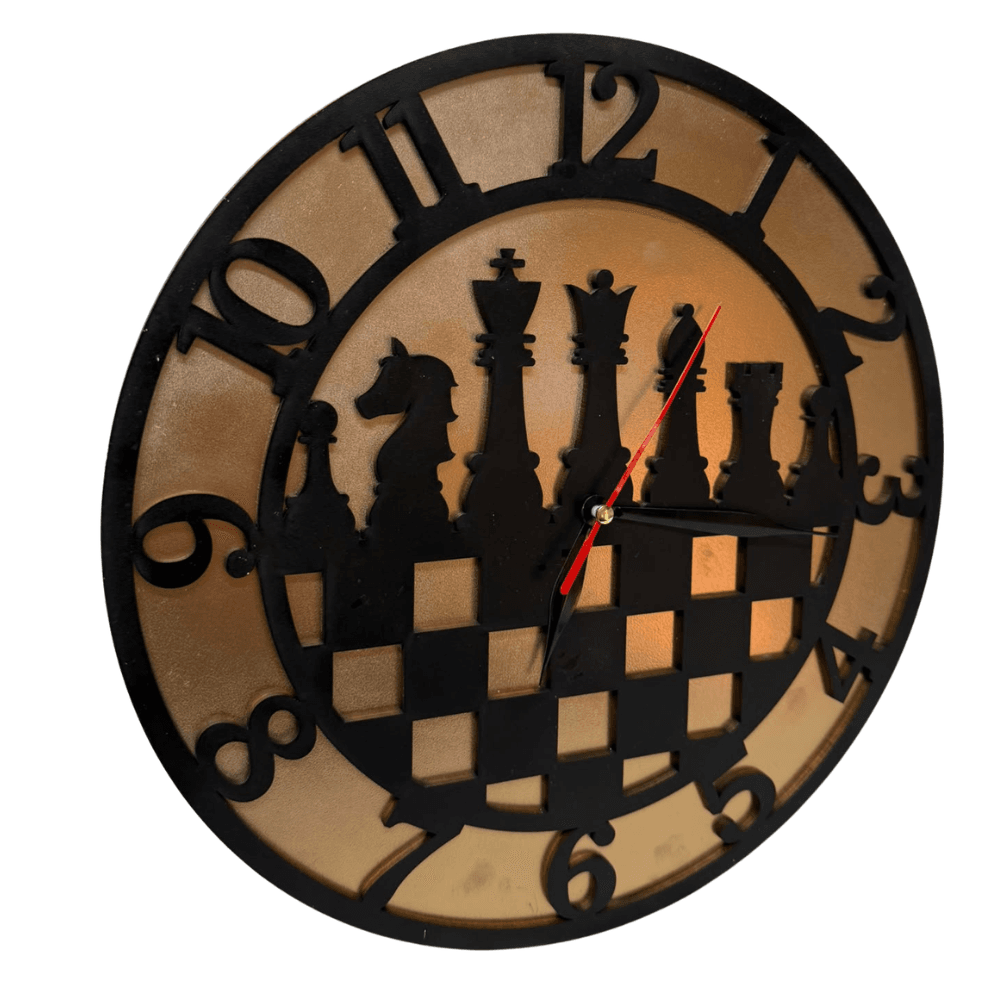 Ceas de perete pentru pasionații de șah, model piese de șah, diametru 30 cm, PFL, fundal auriu, grosime totală 6 mm, mecanism inclus - imagine 2